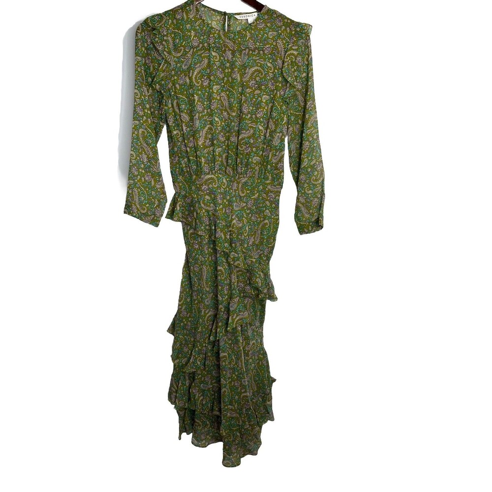 Veronica Beard Tenise Boho Maxi Dress sz 2 Green Purple Silk Long Sleeve Paisley
